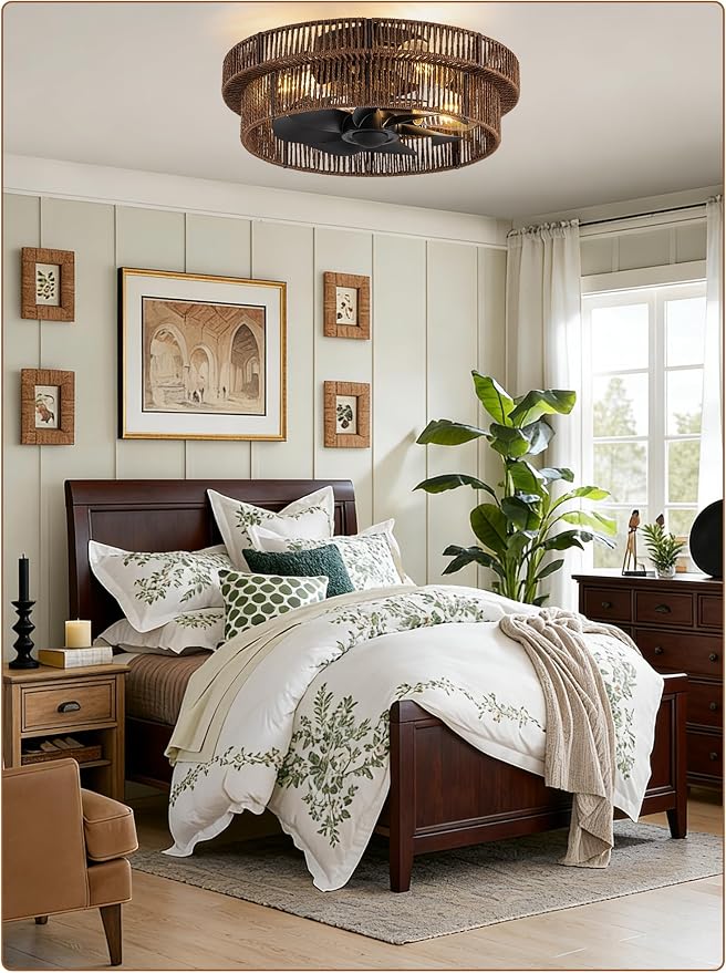 Handwoven Boho Ceiling Fans with Lights Flush Mount,Black Farmhouse Caged Fandelier Low Profile Enclosed Chandelier Fan with 6 Speeds for Bedroom,Nursery,Dining Room(Rattan Brown)