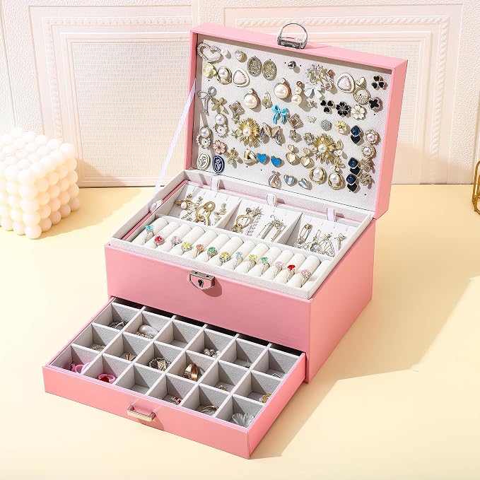 BOOVO Large Jewelry Boxes For Women (Pink) | 5 Layers Jewelry Organizer Box With Cosmetic Storage Drawer, Necklace Ring Jewelry Organizer Box