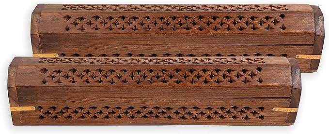 Incense Garden Pack of 2 Incense Stick Holder - Coffin Style - Wood Incense Stick Burner - Handcarved (Natural)