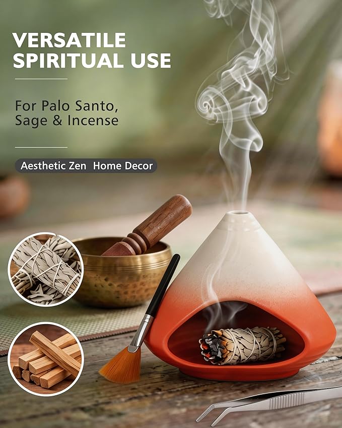 Ceramic Palo Santo Holder Incense Burner Ash Catcher - Modern Chiminea Smudge Bowl for Sage and Wood Sticks - Meditation Energy Cleansing Yoga Gifts for Home Decor