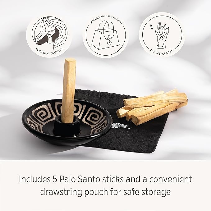 Palo Santo Holder with 5 Sticks - Luna Sundara Handmade Ceramic Incense Burner - Black & White Maze Chulucanas Pottery from Peru - Smudge Bowl for Sage - Aromatherapy Gift Set