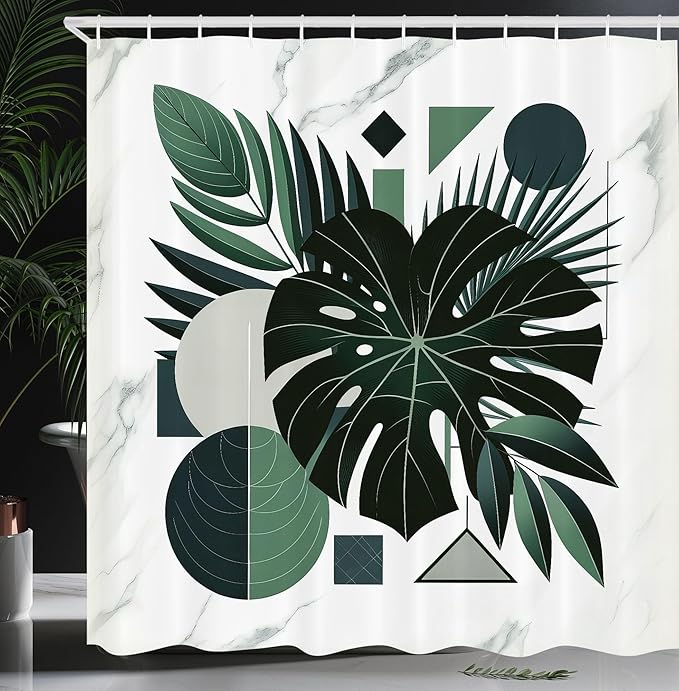 Ambesonne Dark Green Shower Curtain, Geometric Shapes with Tropical Leaf Monstera and Palms Marble Print, Cloth Fabric Bathroom Decor Set with Hooks, 69" W x 70" L, Forest Green Pale Grey