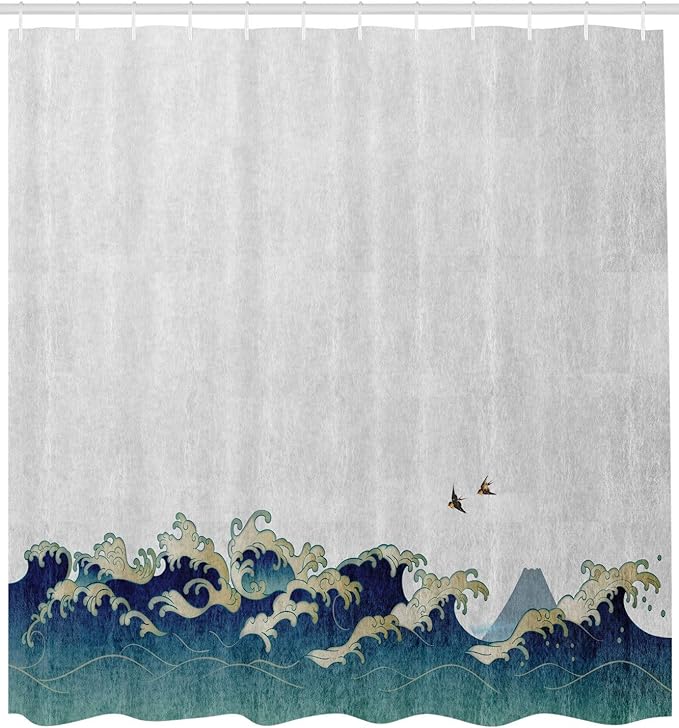 Ambesonne Japanese Wave Shower Curtain, Aquatic Swirls Birds of Ocean Ukiyo-e Style Art Greyscale Background, Cloth Fabric Bathroom Decor Set with Hooks, 69" W x 70" L, Grey Blue