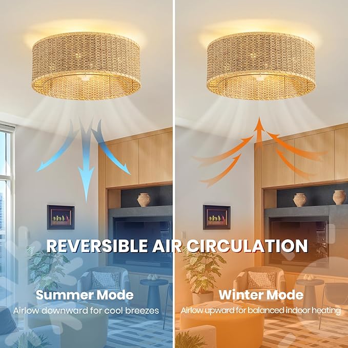 Boho Ceiling Fan with Light,Caged Ceiling Fan with Remote Control Reverible Blades Low Profile 6 Speeds Farmhouse Rattan Fandelier Chandelier Ceiling Fans for bedroom dining room kitchen living room