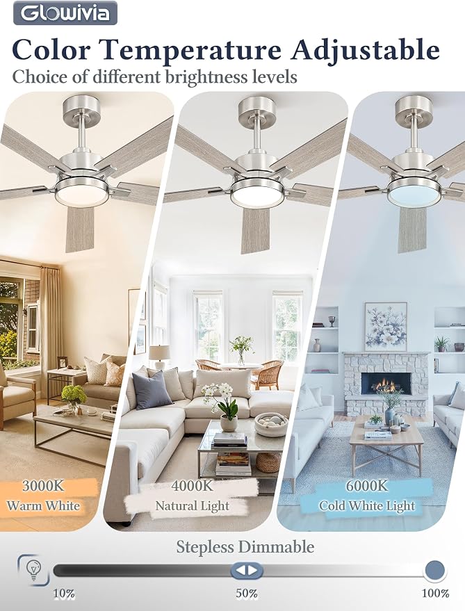 52 Inch Ceiling Fan with Lights and Remote, Smart APP Control, Dimmable with All-Setting Memory, Quiet DC Motor Reversible Blades, Damp Rated Modern Ceiling Fan for Bedroom Patio Living Room