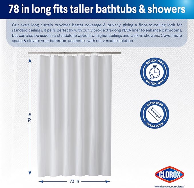 Clorox 2-in-1 Bathroom Shower Curtain Liner, Durable Fabric, Weighted Magnets for Bath Water Control, Washable Premium Quality, Extra Wide, Modern - 72" x 78" White
