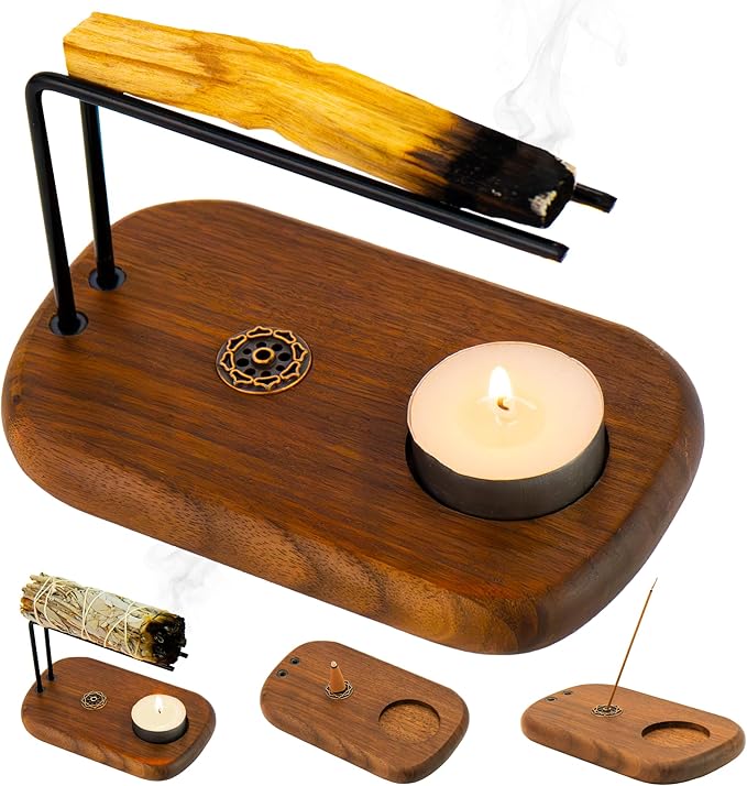 4 in 1 Walnut Wood Palo Santo Holder Hand-Crafted Incense Sticks Holder for Burning Sage with Booklet The Most Complete Palo Santo Holder for Your Meditation Room Home Decor Gift