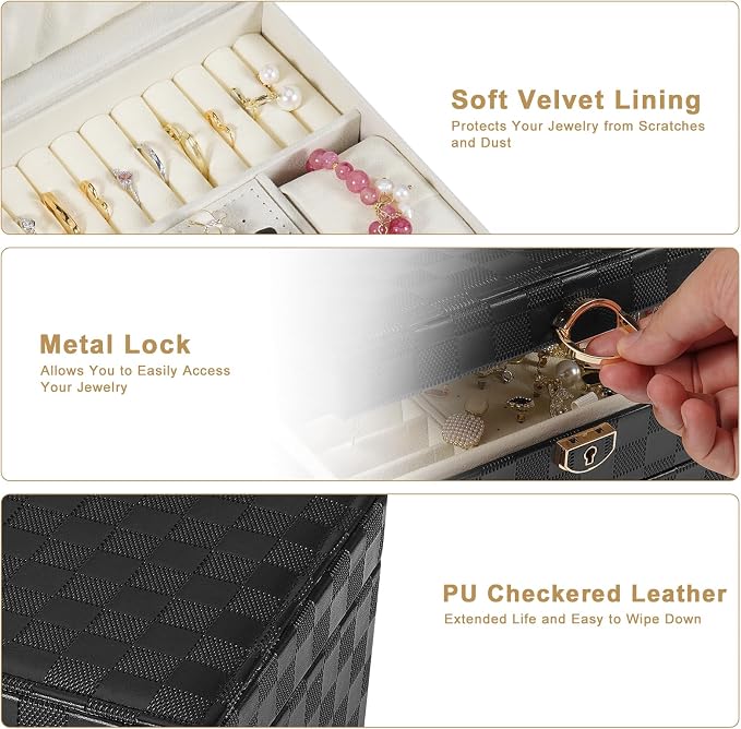 GUOER Jewelry Box for Women Girls, 3 Layers Large Jewelry Organizer(Checkered Black)