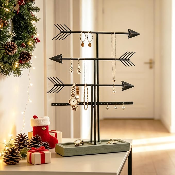 Urban Deco Arrow Jewelry Organizer Stand 4-Tier Black Jewelry Stand Necklace Organizer With Wooden Ring Holder For Jewelry Display Bracelet Holder Stand Earring Organizer For Girls - Black