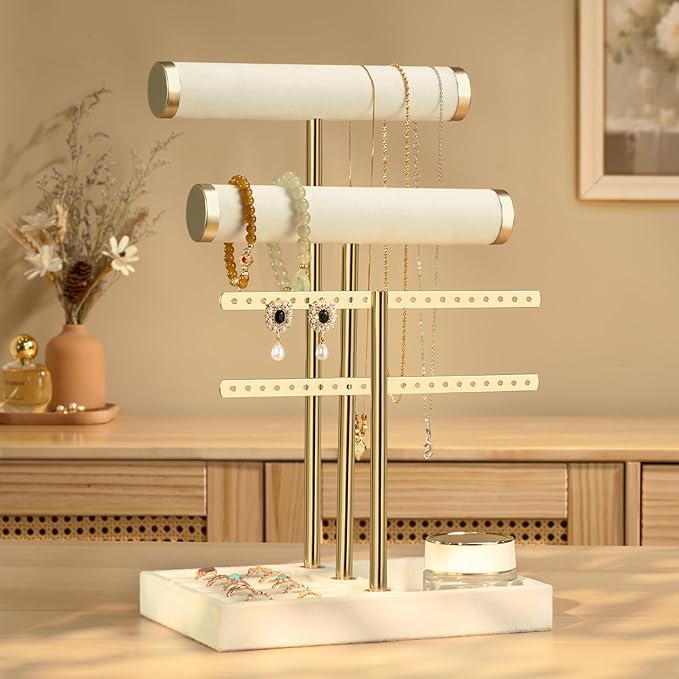 Jewelry Organizer Stand for Necklaces, Bracelets, Earrings, Rings, Beige | 3 Tier Velvet Bracelet Holder Display | Jewelry Organizers and Storage | Jewelry Tree | Jewelry Towers