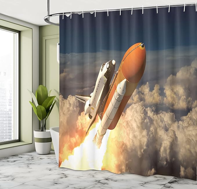 Ambesonne Outer Space Shower Curtain, Space Shuttle in Clouds Scene Historical Liftoff Enterprise Success Picture, Cloth Fabric Bathroom Decor Set with Hooks, 69" W x 84" L, Mustard Grey