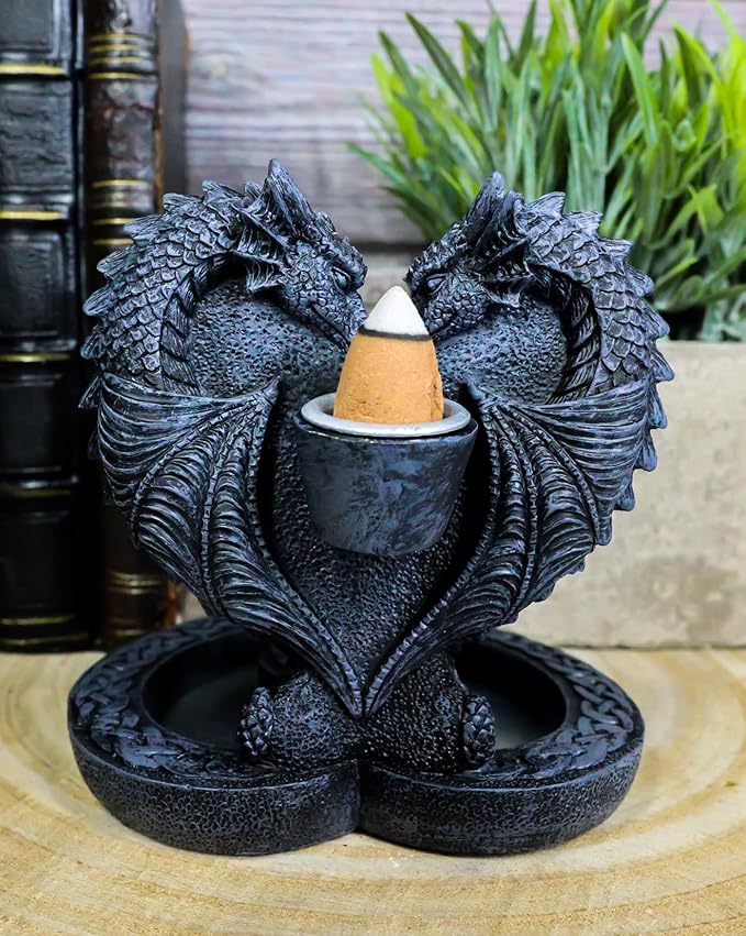 Ebros Gift Guardian of Faux Stone Celtic Heart Tomb Altar Romantic Double Dragon Backflow Cone Incense Cascading Smoke Pool Waterfall Burner Holder Figurine Fantasy Gothic Dungeons and Dragons