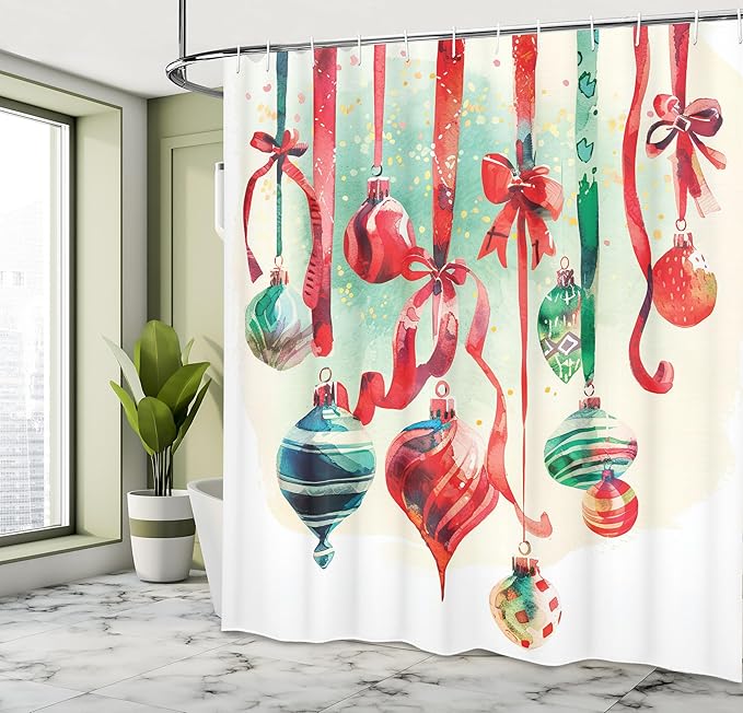Ambesonne Christmas Shower Curtain, Vintage Xmas Theme with Colorful Globes and Laces Ornate Illustration, Cloth Fabric Bathroom Decor Set with Hooks, 69" W x 84" L, Dark Coral Green Blue