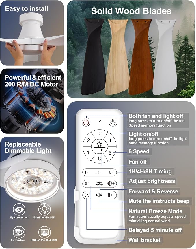 42-Inch White Ceiling Fans with Lights, Remote Control, Flush Mount, Dimmable, Reversible, Wood Blades, Power-Off Memory, Quiet DC Motor – Modern Hugger Ceiling Fan for Indoor Outdoor White