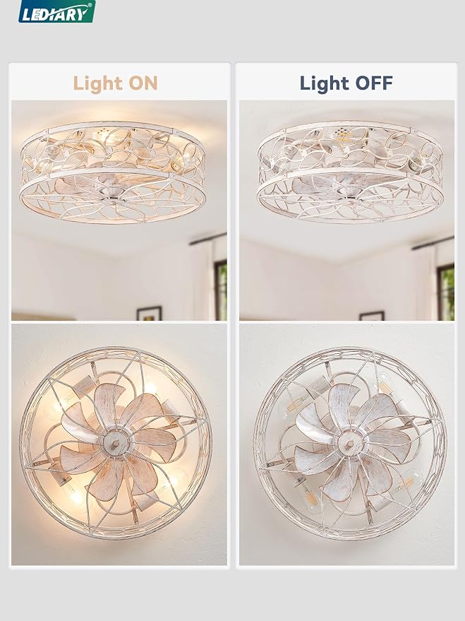 LEDIARY Caged Ceiling Fans with Lights, White Flush Mount Ceiling Fan with Remote&App, Small Low Profile Bladeless Ceiling Fan Light Fixture for Bedroom, Kitchen, Dining Room-White Gold Color