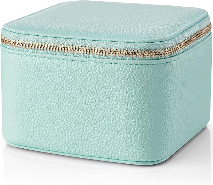 VLANDO Travel Jewelry Box for Women Faux Leather Jewelry Box with 6 Velvet Jewelry Zipper Pockets Earrings Necklace Rings Storage Boxes Christmas Gift for Mom Wife(Lake Blue)