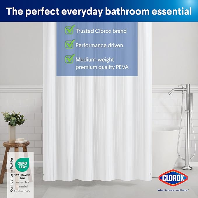 Clorox Shower Curtain Liner, Premium Striped Medium-Weight Durable Waterproof 6g PEVA for Bathroom with Weighted Magnets, Printed Standard Size 72" x 72", White