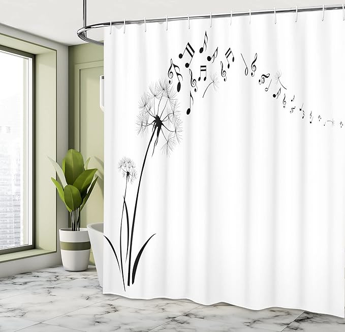 Ambesonne Music Lover Shower Curtain, Flying Dandelions with Notes Summer Spring Meadow Simple, Cloth Fabric for Bath Home and House Luxury Hotel Series Set with Hooks, 69" W x 70" L, Black and White
