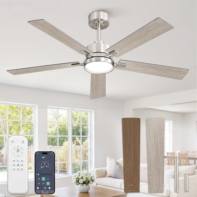 52 Inch Ceiling Fan with Lights and Remote, Smart APP Control, Dimmable with All-Setting Memory, Quiet DC Motor Reversible Blades, Damp Rated Modern Ceiling Fan for Bedroom Patio Living Room