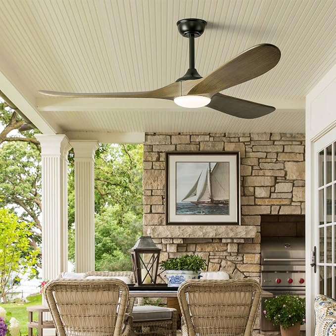 Haipeel 52 Inch Outdoor Ceiling Fans with Lights, Dimmable Solid Wood Ceiling Fan with Light and Remote Control 3 Blades Rustic Propeller Ceiling Fans for Patios Indoor Bedroom, Bronze Gray