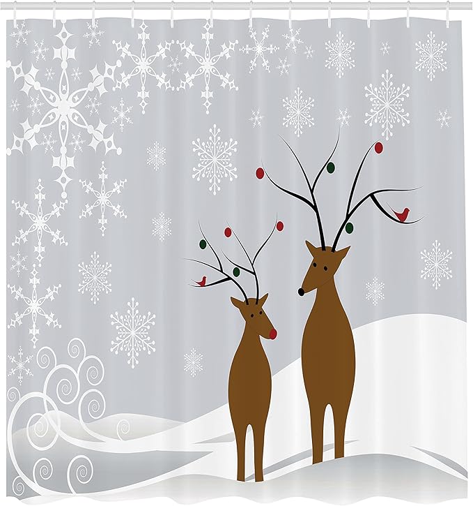 Ambesonne Christmas Shower Curtain, Reindeers at Noel Time Yule with Snowflakes in Winter Santa Print, Cloth Fabric Bathroom Decor Set with Hooks, 69" W x 70" L, Brown Pale Grey White