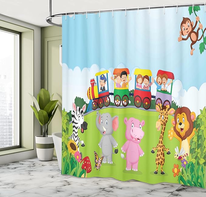 Ambesonne Cartoon Shower Curtain, Funny Cartoon Design Happy on a Choo Train Savannah Animals Art Forest Print, Cloth Fabric Bathroom Decor Set with Hooks, 69" W x 70" L, Multicolor Soft Blue