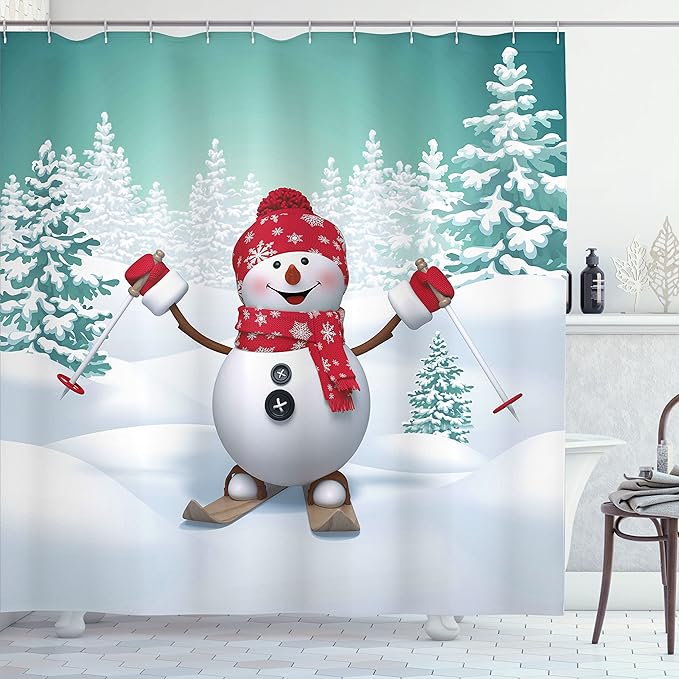 Ambesonne Christmas Shower Curtain, Snow Covered Mountain with Fir Trees and Skiing Snowman Fun Holiday Activity, Cloth Fabric Bathroom Decor Set with Hooks, 69" W x 84" L, White Teal