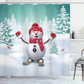 Ambesonne Christmas Shower Curtain, Snow Covered Mountain Fir Trees and Skiing Snowman Fun Holiday Activity, Cloth Fabric Bathroom Decor Set with Hooks, 69" W x 70" L, White Teal