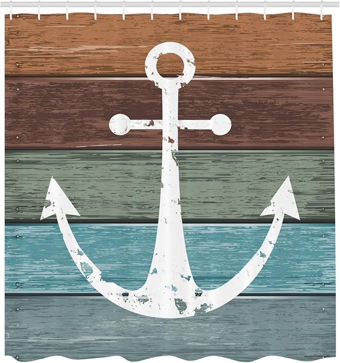 Ambesonne Anchor Shower Curtain, Nautical Boat Sign Ocean Coastal Theme Decorations Pattern on Grungy Wooden Plank, Cloth Fabric for Bathroom Decor Set with Hooks Home, 69" W x 70" L, Multicolor White