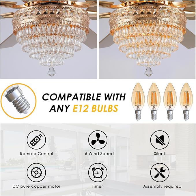 72"Large Golden Crystal Chandelier Ceiling Fans with Lights and Remote/APP | Supports Remote and APP,Reversible 6 Wind Speeds,60W Quiet AC Motor,8 Wooden Blades,4*E12 LED Bulbs Included,for Living Room