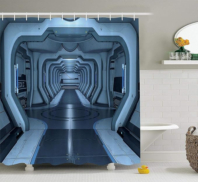 Ambesonne Outer Space Shower Curtain, Inside of Space Station Control Room Passage Communication Technology Base, Cloth Fabric Bathroom Decor Set with Hooks, 69" W x 84" L, White Grey