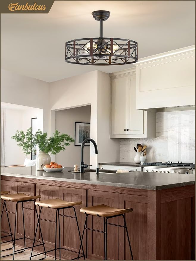 Fanbulous 23 Inch Fandelier Caged Ceiling Fans with Lights and Remote, Black Bladeless Ceiling Fan with 6 Speeds and Timing, Farmhouse Samll Fan Lights Ceiling Fixtures For Kitchen, Bedroom-Walnut