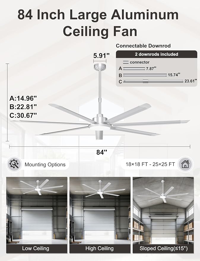 Ohniyou 84'' Industrial Ceiling Fan with Light for Shop, Garage, Silver | 11000 CFM Airflow, 7 Aluminum Blades, 3CCT, Remote/APP Control, 6 Speeds, Reverse Mode, Large Commercial Metal Fan for Gym