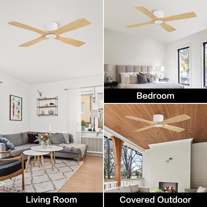 WINGBO 54 Inch Flush Mount DC Ceiling Fan without Lights, 4 Reversible Carved Wood Blades, 6-Speed Noiseless DC Motor, Hugger Ceiling Fan No Lights in White Finish with Oak Blades, ETL Listed