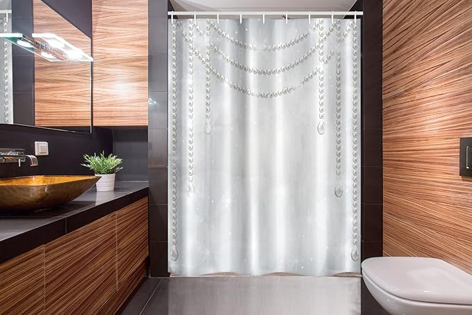 Ambesonne Pearls Stall Shower Curtain, Diamonds Stones and Pearls Hanging Necklace Bridal Wedding Theme Image, Fabric Bathroom Decor Set with Hooks, 54" W x 78" L, Ivory Grey