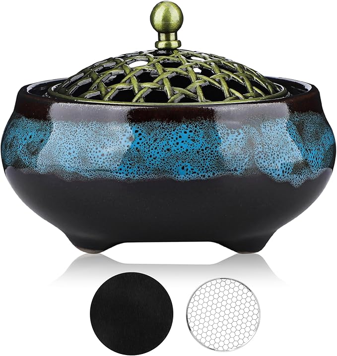 Ceramic Incense Burner for Cone and Backflow Incense, Metal Lid, Stainless Steel Incense Holder, Incense Bowl with Incense Cone Holder & Burner Holder (Fambe Blue)