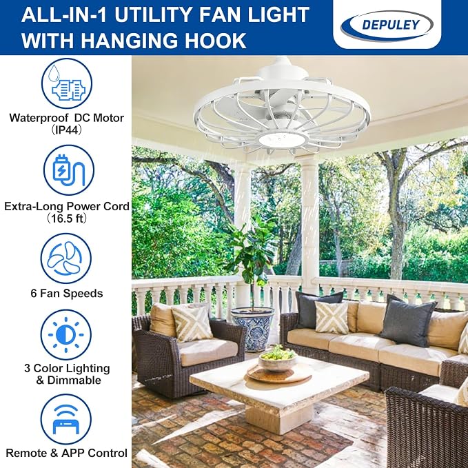 Depuley Outdoor Ceiling Fan with Light: 20 Inch Outdoor Gazebo Hanging Fans with Remote App - Waterproof Plug in Caged Ceiling Fan for Patio Porch Canopy Pergola white