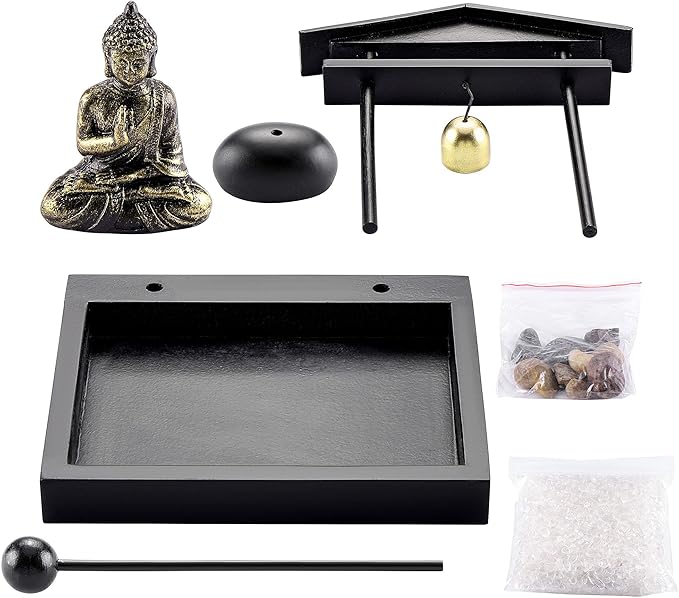 Jovivi Zen Garden Set Buddha Statue, Mallet & Rocks and Crystals & Incense Stick Holder Bowl & Wooden Display Tray for Yoga Meditaion Home Table Decor Gift
