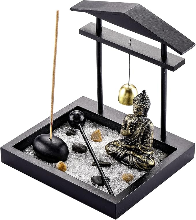 Jovivi Zen Garden Set Buddha Statue, Mallet & Rocks and Crystals & Incense Stick Holder Bowl & Wooden Display Tray for Yoga Meditaion Home Table Decor Gift