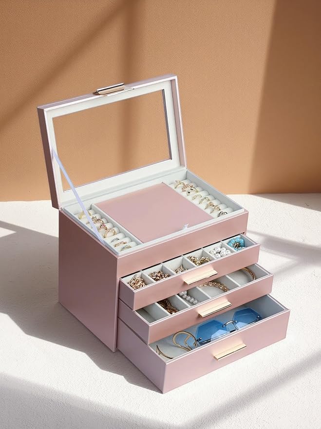 BOOVO Jewelry Boxes for Women, White and Black 6 Layer Large Jewelry Box for Necklace, Bracelet, Earrings, Rings Storage, Jewelry holder Organizer for Girls Gift (Rose gold, 4 layer)