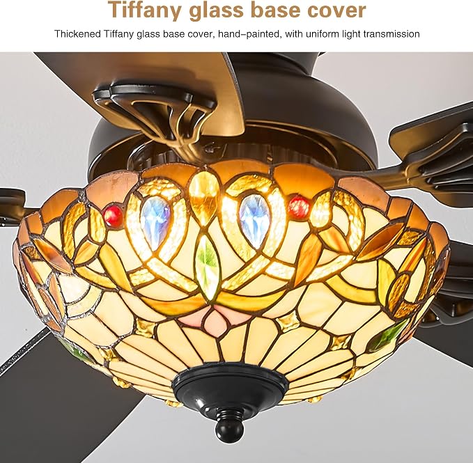Ceiling Fans with Lights - 52" Ceiling Fan Chandelier with 5 Dual-Blades and Glass Shade, 6 Speeds and Reversible, Indoor and Outdoor, Retro Style