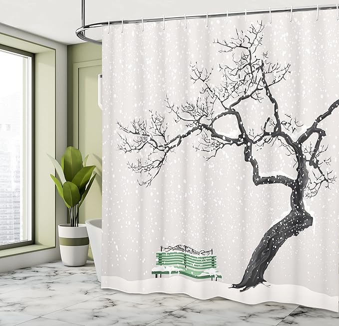 Ambesonne Tree Shower Curtain, Dramatic Winter Scenery with Retro Bench and Lonely Tree in a Cold Day, Cloth Fabric Bathroom Decor Set with Hooks, 69" W x 70" L, Charcoal Green