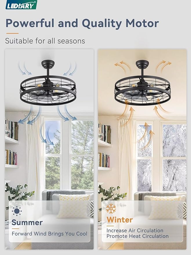 LEDIARY 22 inch Black Caged Ceiling Fan with Light, Bladeless Industrial Ceiling Fan with Remote, Farmhouse Fan Lights Ceiling Fixtures for Kitchen, Bedroom, Outdoor（6 Speed, Timing）-Black