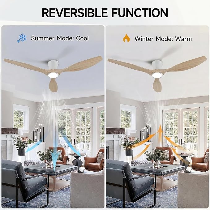 Skylike 52" Flush Mount Wood Ceiling Fan with Lights, 3 Blade Low Profile Rustic Ceiling Fan with Remote Control,Quiet Indoor/Outdoor Light Walnut Ceiling Fan for Patio,Porch, Gazebo, Bedroom