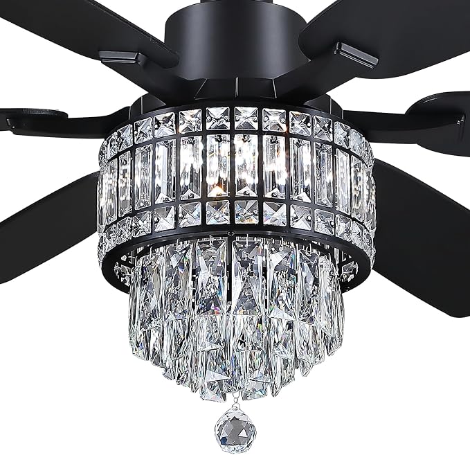 Kviflon 52 Inch Crystal Ceiling Fan with Lights, Black Fandelier Ceiling Fan with Light and Remote/APP Control, Modern Chandelier Ceiling Fan for Bedroom Living Room, Quiet DC Motor, Dimmable LED