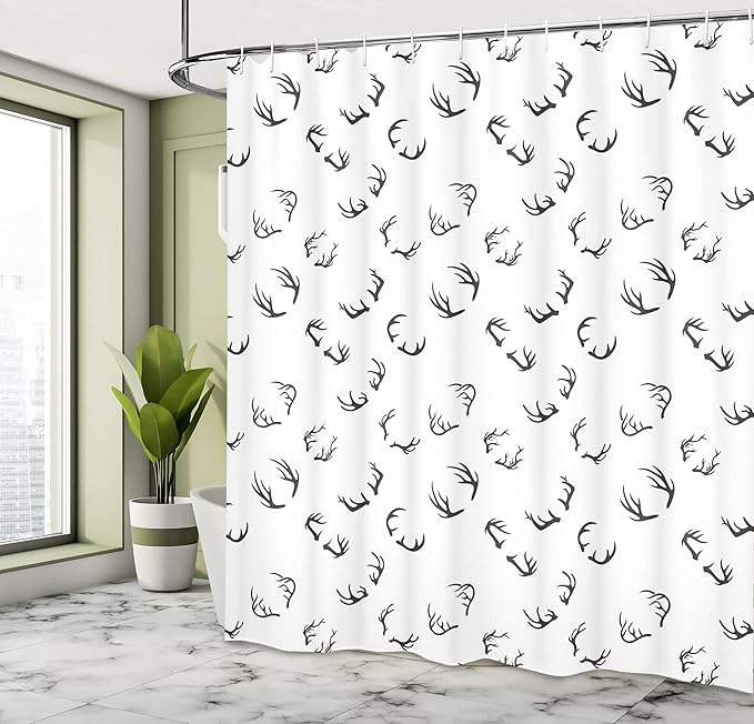 Ambesonne Deer Shower Curtain, Deer Horns Pattern Barbed Bone Winter Modern Simple Minimalistic Artwork, Cloth Fabric Bathroom Decor Set with Hooks, 69" W x 70" L, Grey Charcoal