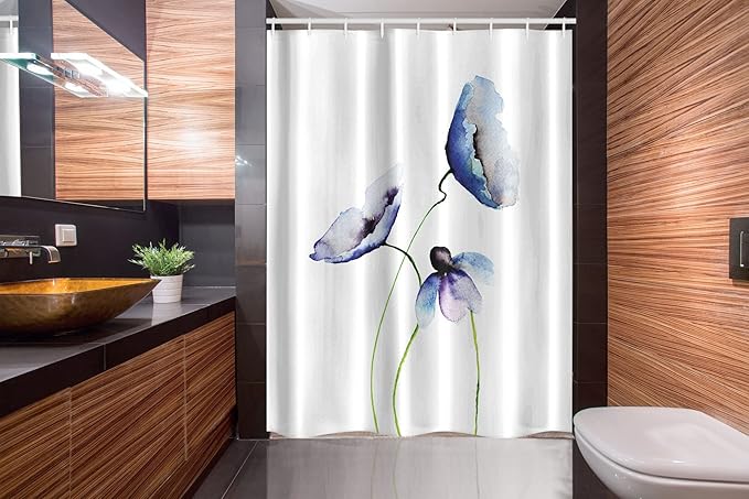 Ambesonne Watercolor Flower Stall Shower Curtain, Abstract Poppies Blossoms Simple Composition Picture, Fabric Bathroom Decor Set with Hooks, 54" W x 78" L, Blue and Green