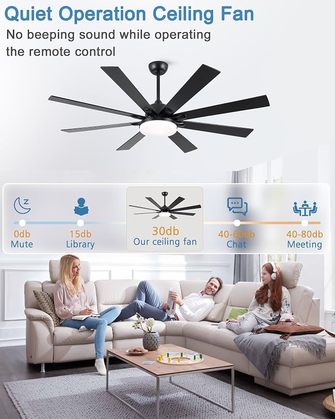 POCHFAN 62 Inch Ceiling Fans with Lights,Large Modern Ceiling fan with Remote and 8 Wooden Blades,Dimmable,6 Speeds,Noiseless Reversible Indoor&Outdoor Fan for Bedroom,Patio,Living Room