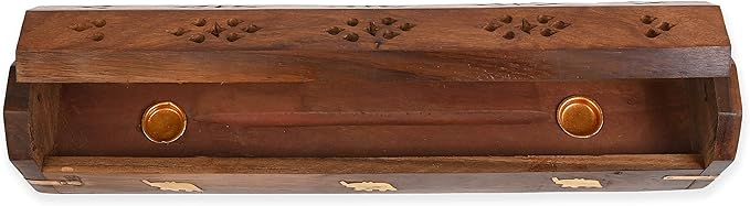 Incense Garden Pack of 2 Incense Stick Holder - Coffin Style - Wood Incense Stick Burner with Elephant Inlays (Natural) Handmade with Brass Inlays
