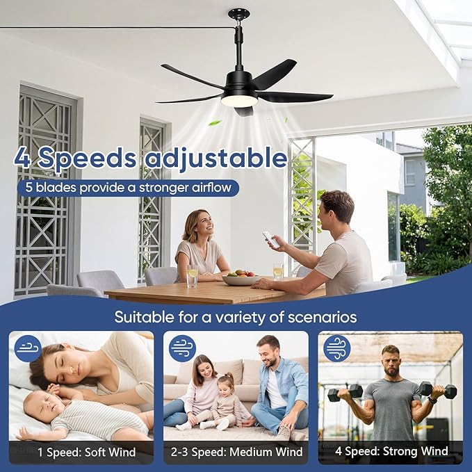 Plug in Ceiling Fan with Light,30" Portable Outdoor Ceiling Fans with Remote–4 Speeds,3000K-6500K LED Hanging Fan Light with Hook for Gazebos,Patios,Garage,Camping,RV,Workshops (Black)